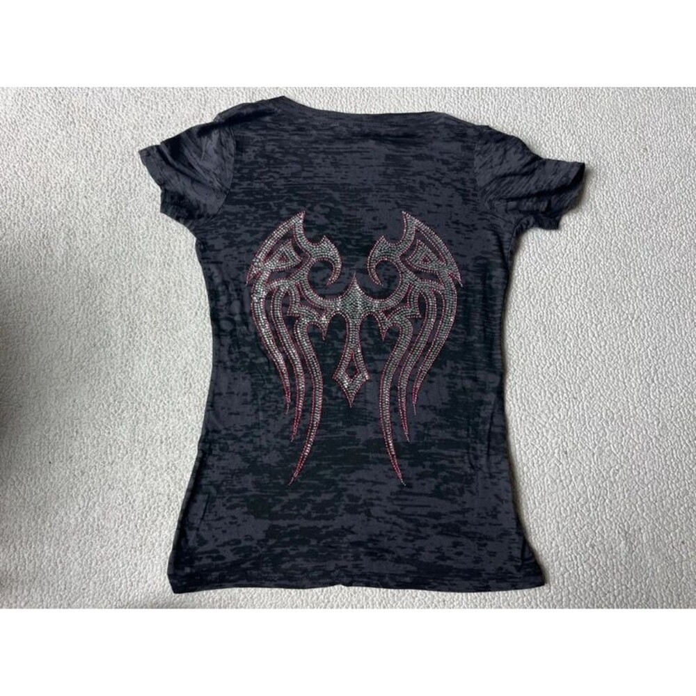 Vintage 2000s Next Level Rhinestone Cross Wing Grey Tshirt Womens Medium